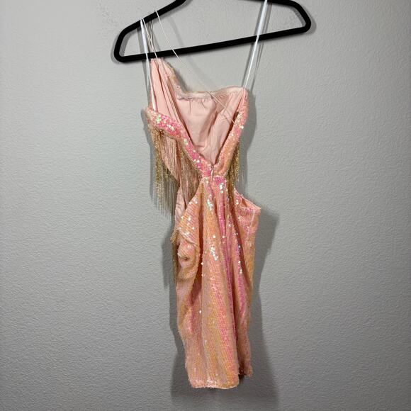 Hello Molly 4 Crystal Ball Sequin Mini Sheath Dress Peach Cut Out One Shoulder - Picture 4 of 11